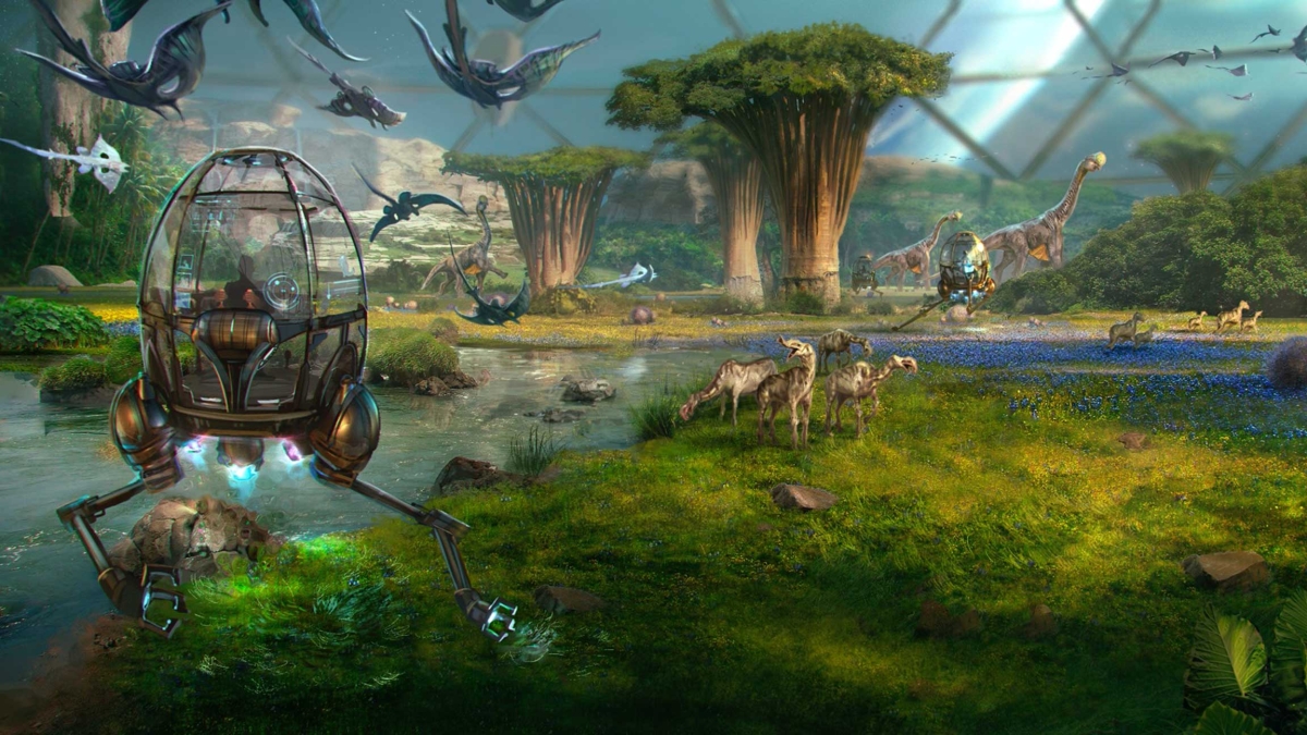 VR users travel around an Alien Zoo landscape in clear pods