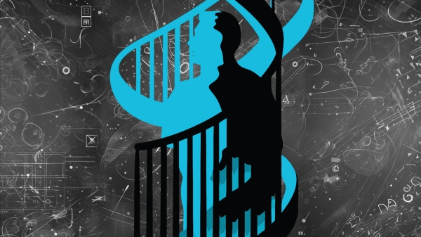 Illustrated image of a person's silhouette blending into a DNA structure