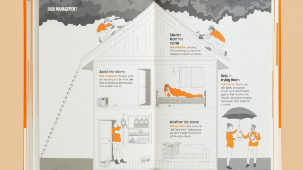 Inside pages of book with an illustration of people doing different tasks around a house