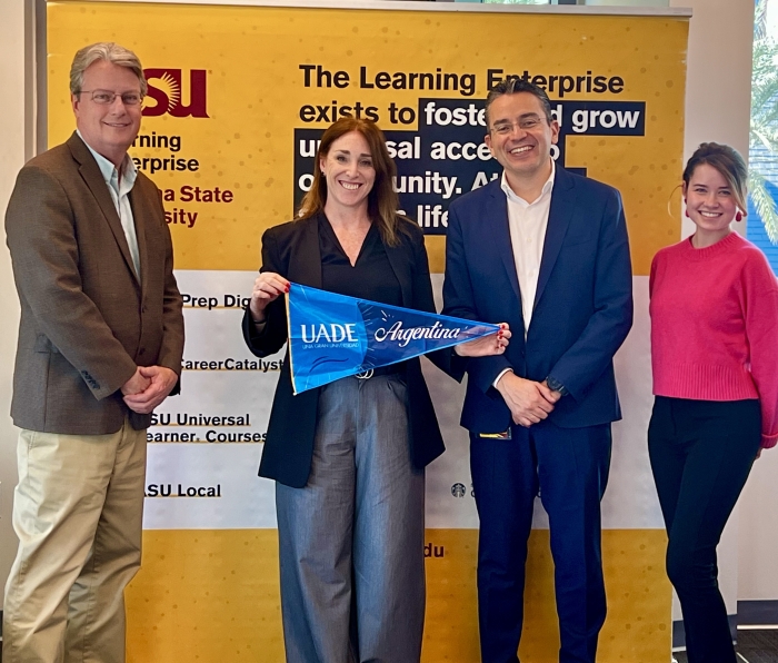 Paula Catalina Iglesias from UADE during her visit to ASU in February 2024 with Marco Serrato, AVP of ASU Learning Enterprise, Faith Dalzell and Dale Johnson from ASU’s University Design Institute