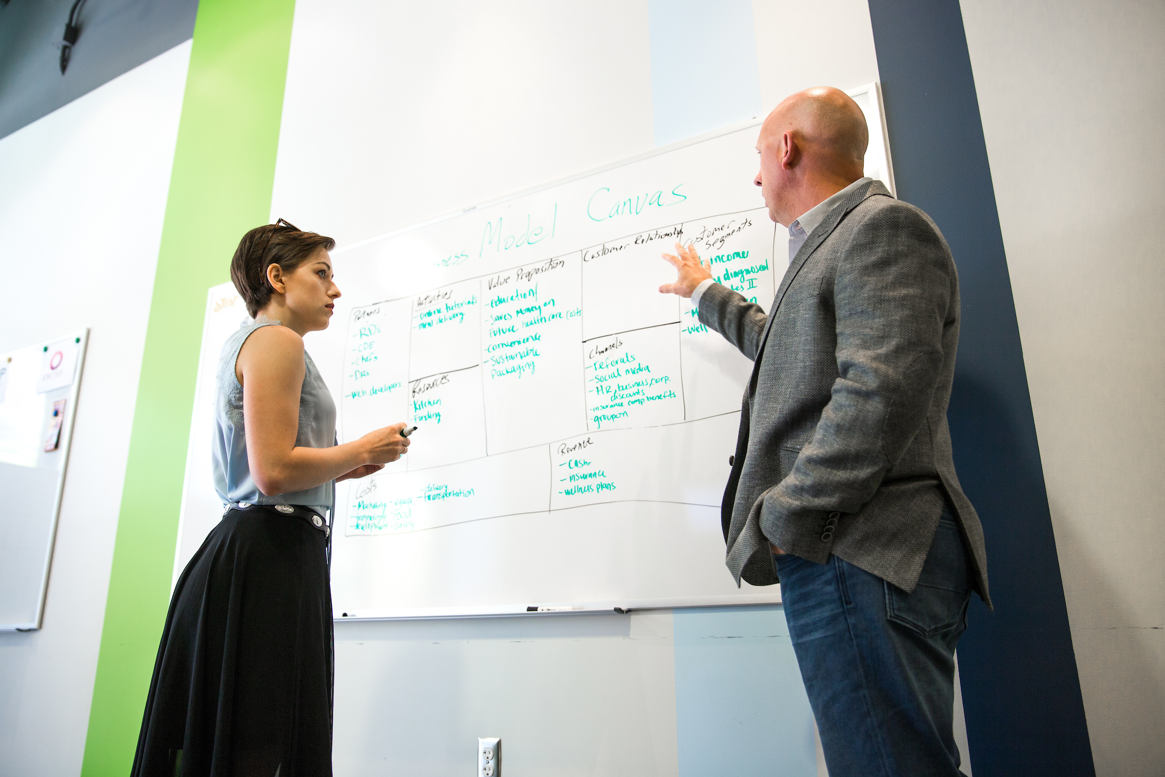 man talking and pointing to notes on a whiteboard while a woman listens