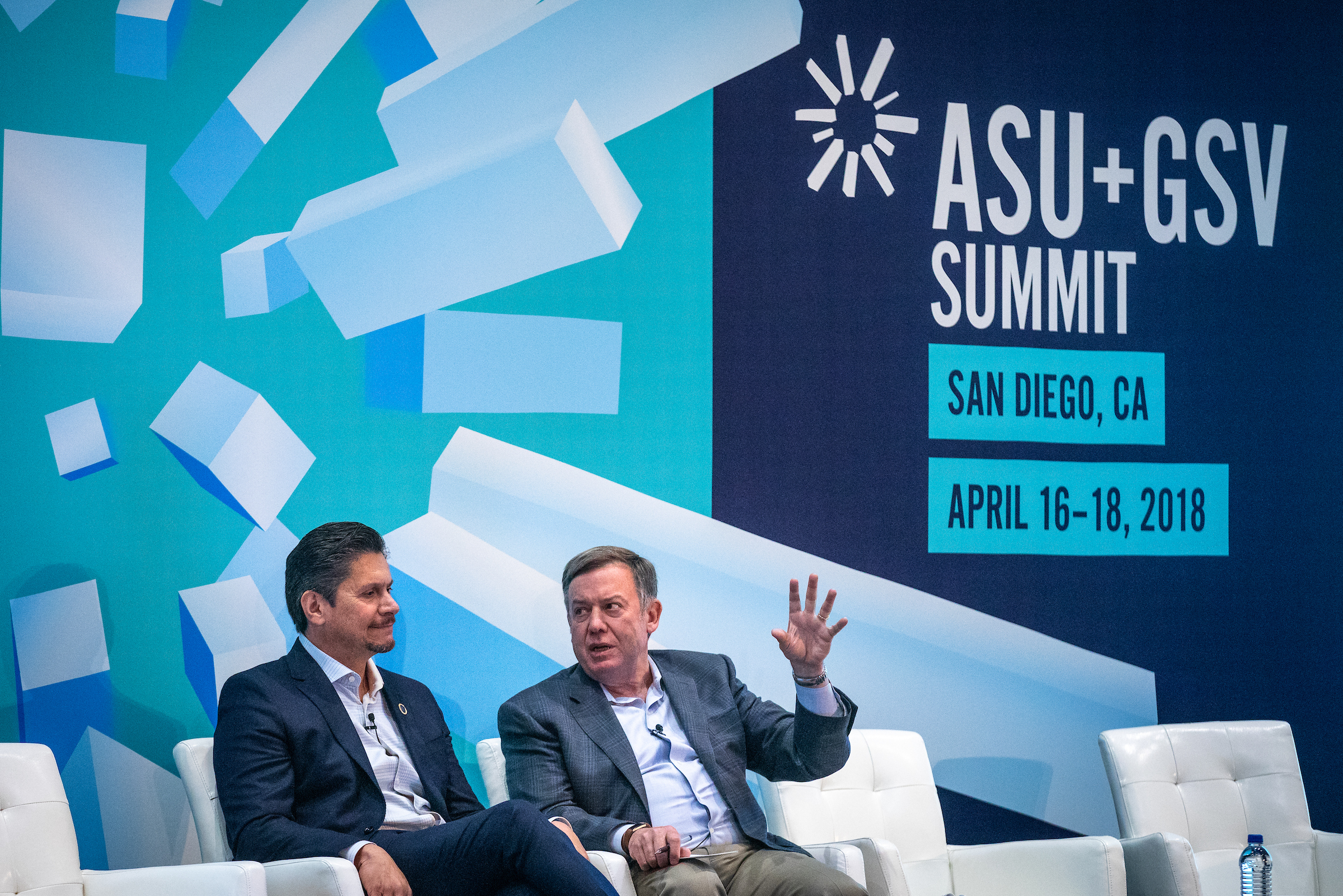 Chancellor Eloy Ortiz Oakley with the California Community Colleges talks with ASU President Michael Crow at the ASU GSV Summit