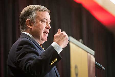 ASU President Michael Crow speaks at the State of Our State conference