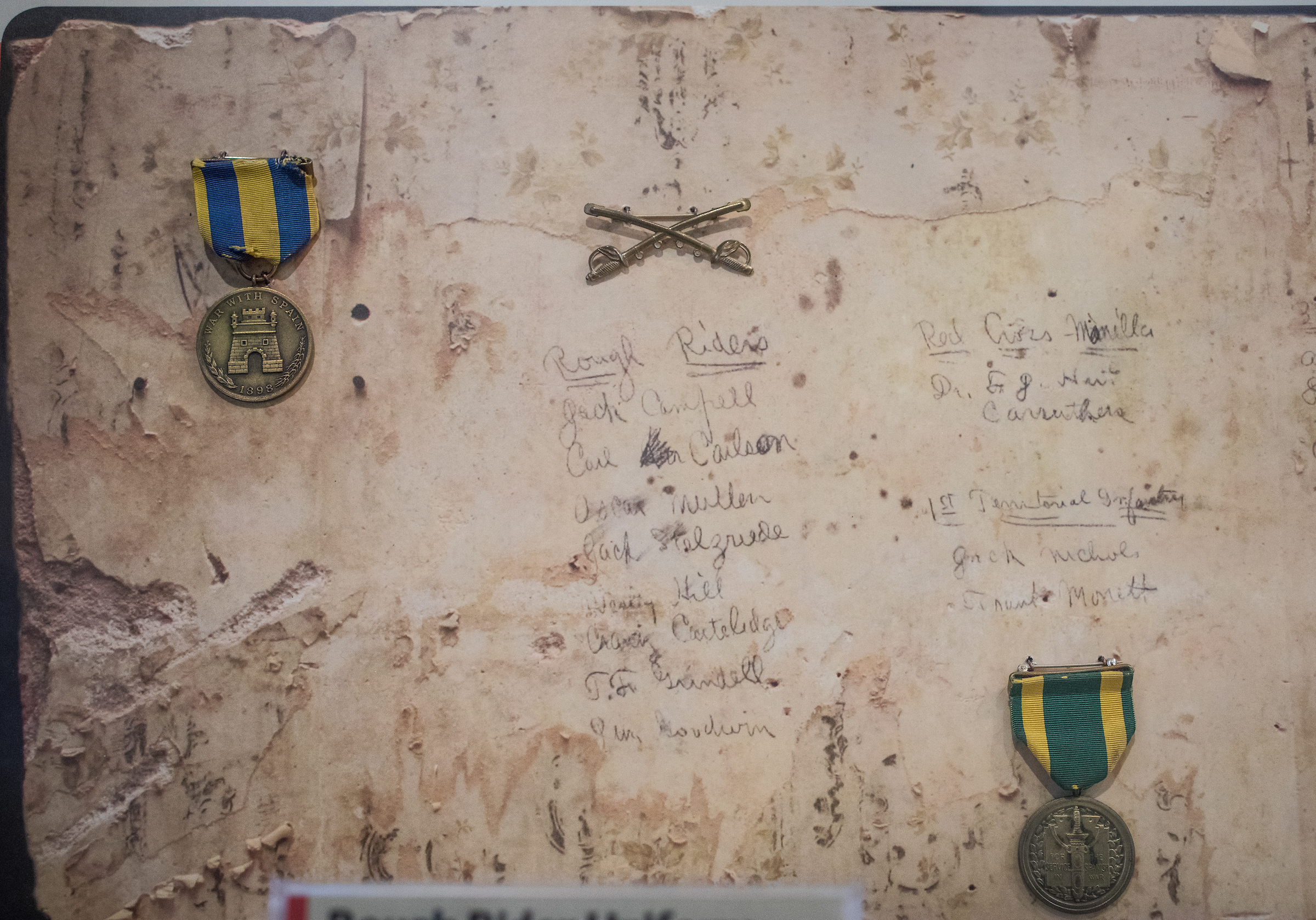 Salvaged piece of wall includes names of six of the seven members of volunteer group of cavalry in the Spanish-American War who attended Tempe Normal School