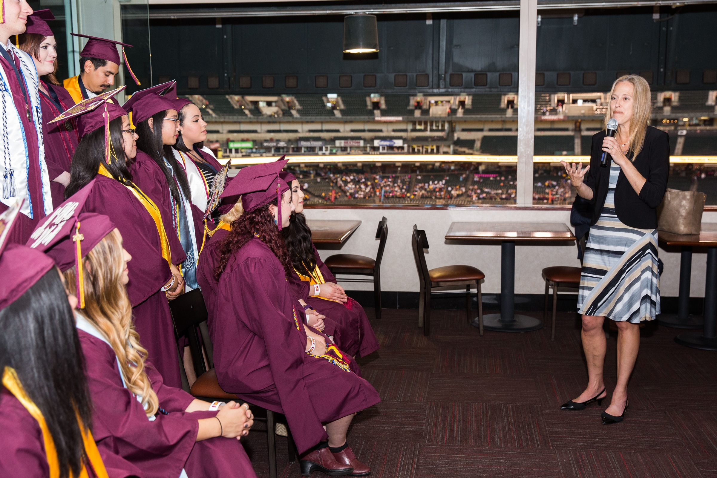 A photograph of Wendy Kopp, founder of Teach for America, speaking at a reception for ASU's TFA graduates