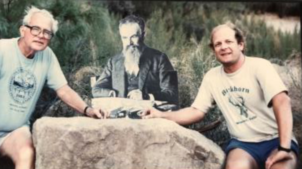Troy Pewe and James Tyburckzy in Grand Canyon with cardboard John Wesley Powell