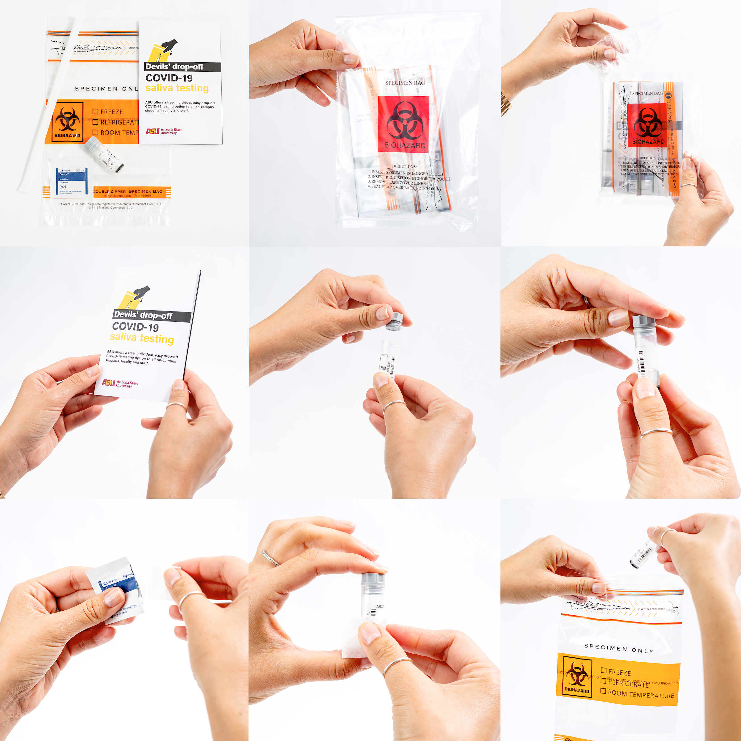 A photo collage showing the steps involved in using a COVID saliva test kit