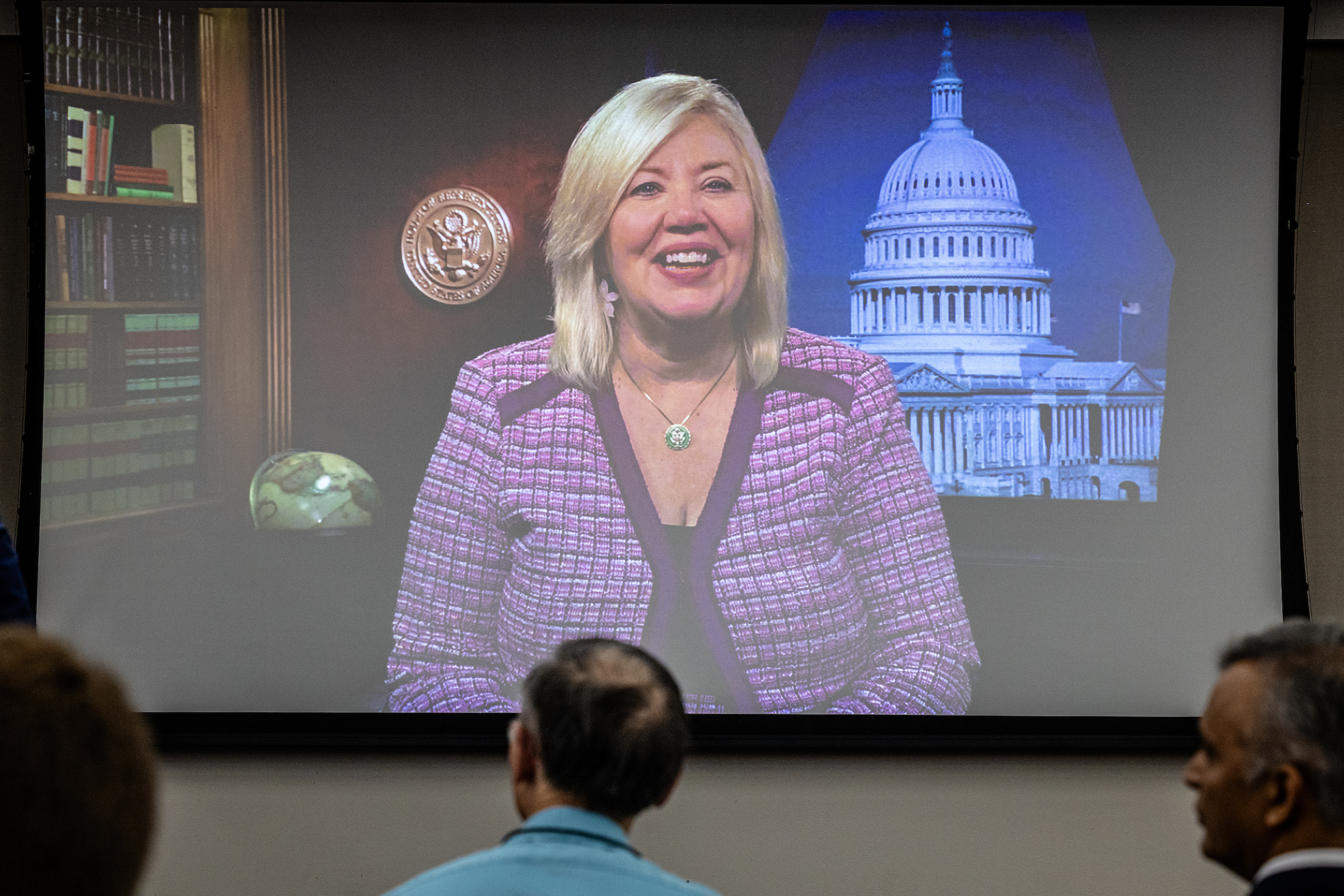 View of woman speaking on large screen