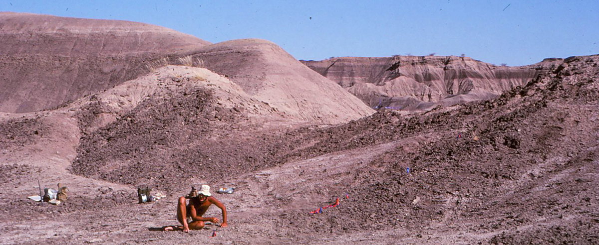 Man crouched in the dirt in a desert landscape.