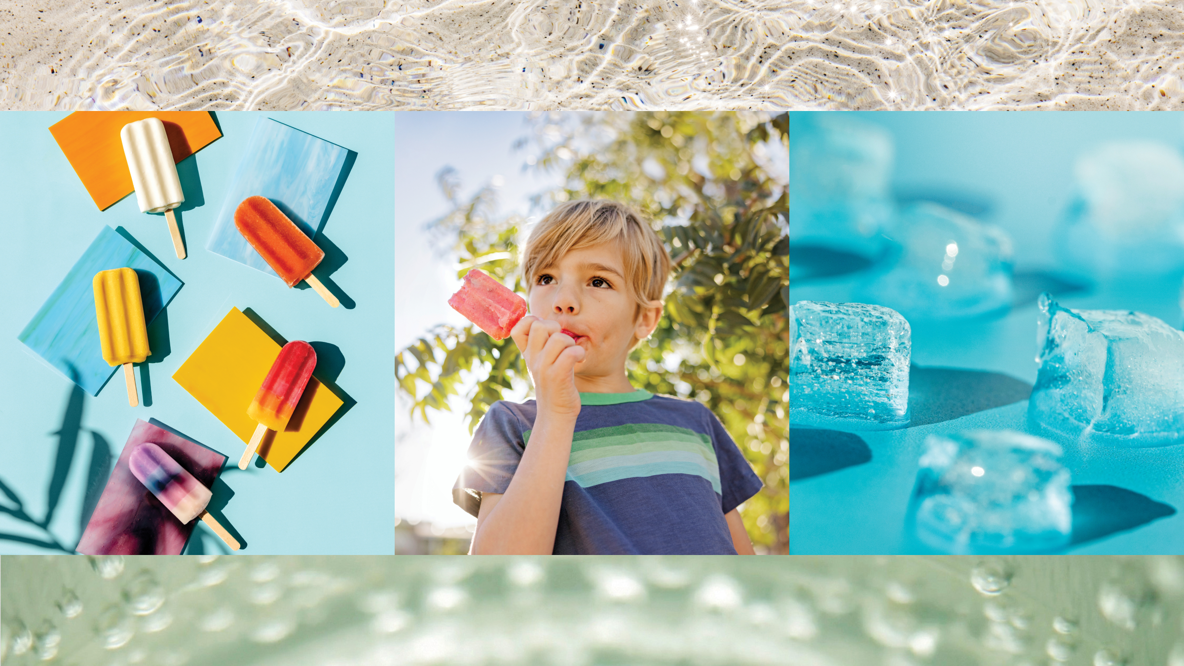 Collage of popsicles, water, ice cubes and a kid eating a popsicle 