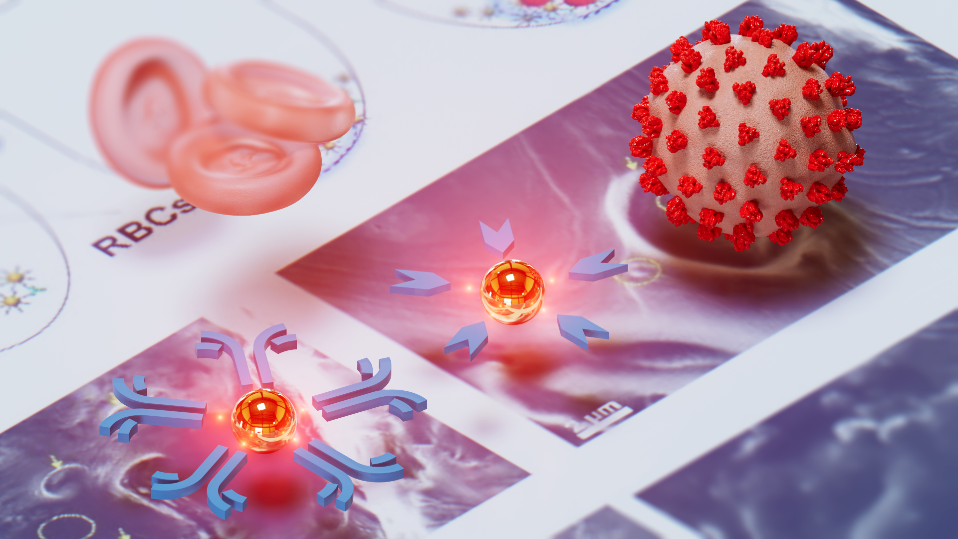 Graphic illustration of tiny gold nanoparticles and molecules.