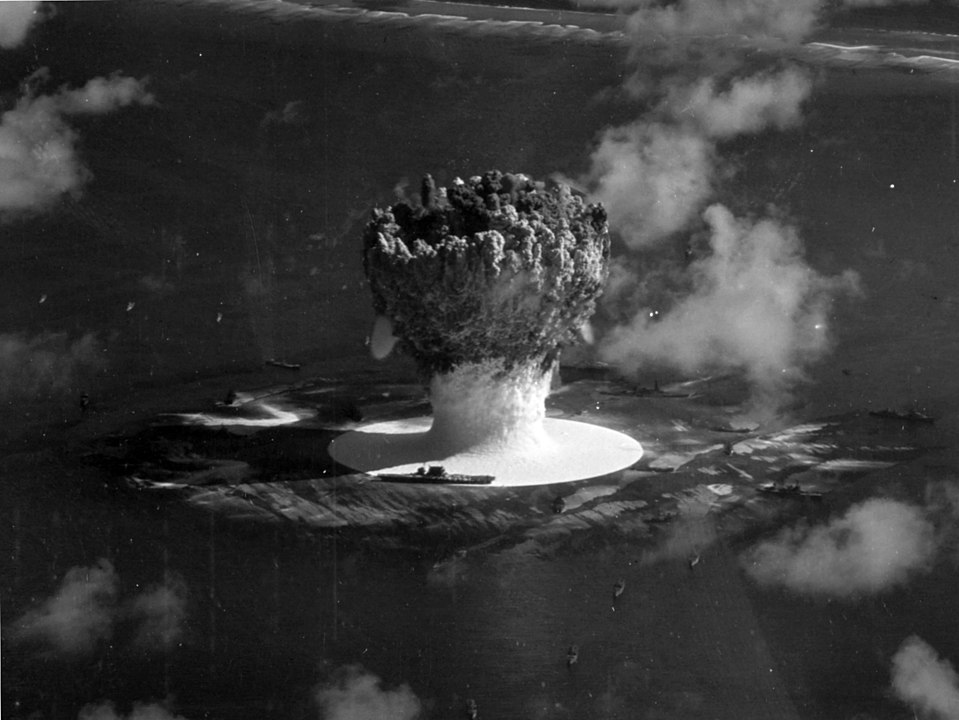 USS Saratoga being sunk at Bikini Atoll by atomic bomb 1946