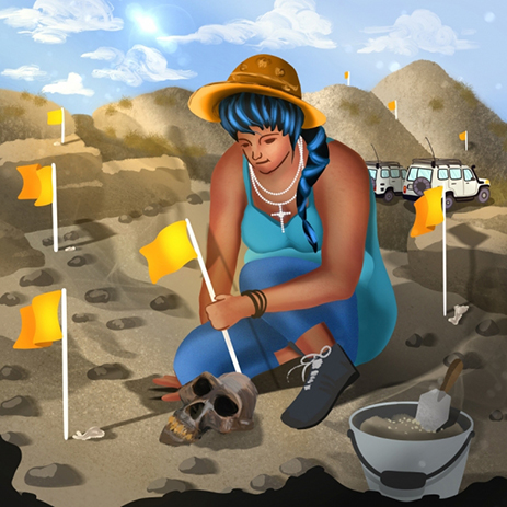 woman marking dig site with flags