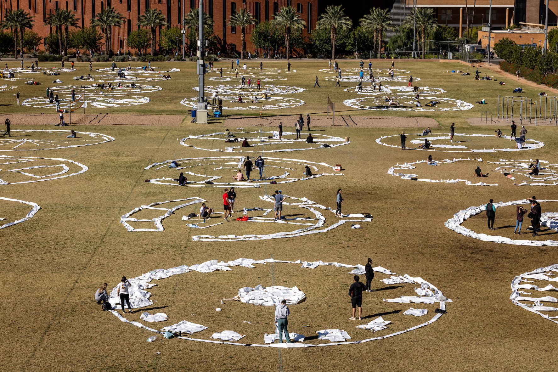 Students in ASU's Architecture 101 studio course took over the Intramural Field on the Tempe campus with a collaborative project based on circles.