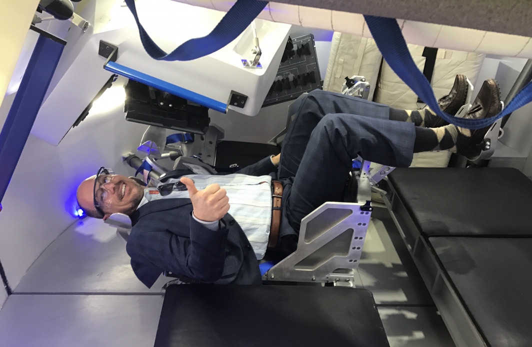 ASU Professor Greg Autry trying out the Boeing CST-100 Dreamliner at the Kennedy Space Center, February 2017.