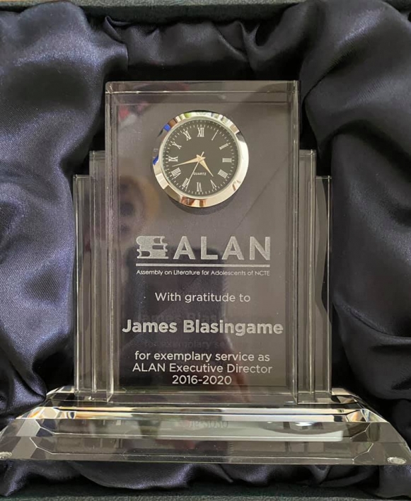 photo of James Blasingame's lifetime service award from the Assembly on Literature for Adolescents of NCTE