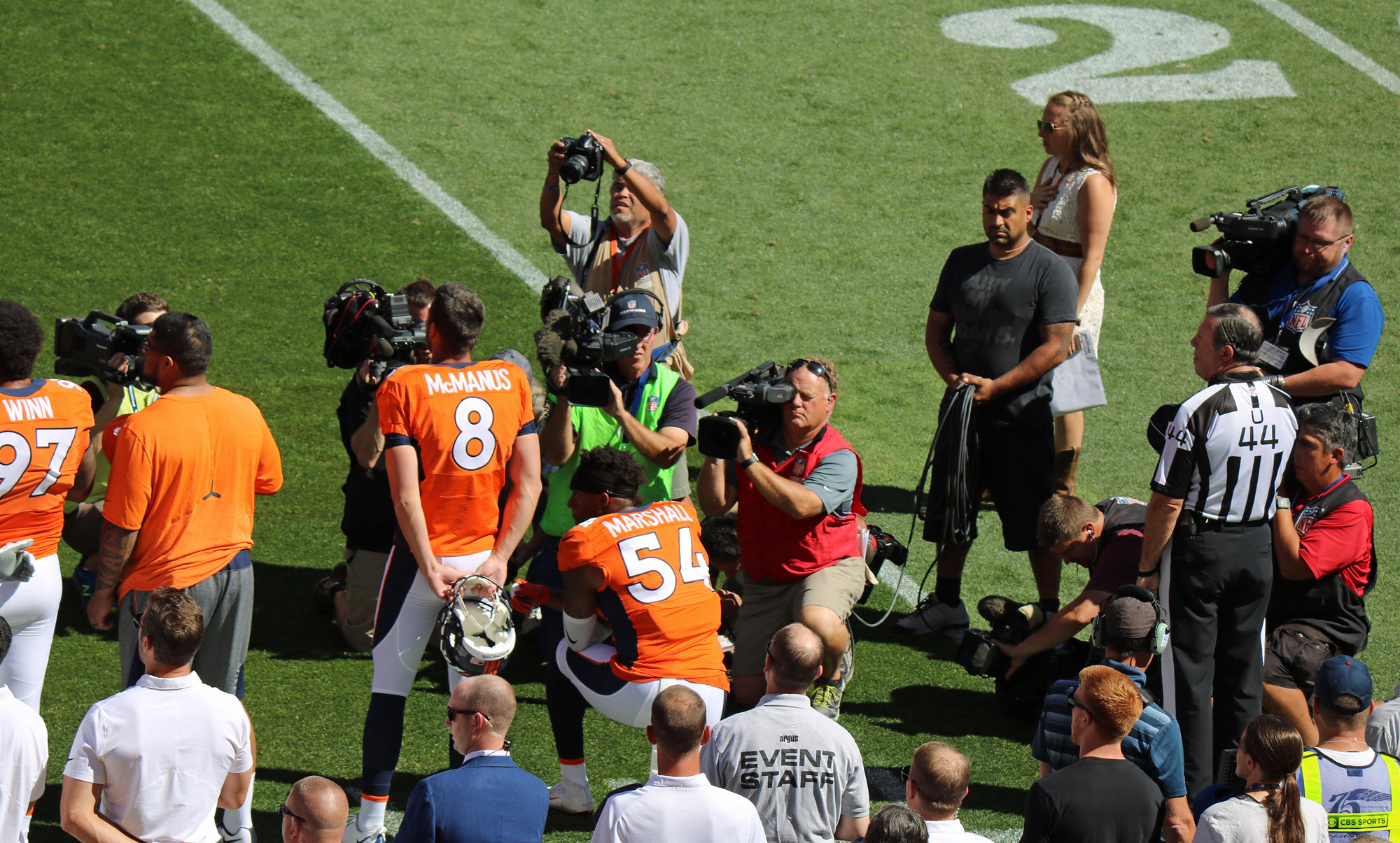 Brandon Marshall, a linebacker for the Denver Broncos American football team, kneeling in protest during the singing of the Star-Spangled Banner at a game in 2016. / Photo by Jeffrey Beall on Wikimedia Commons. Used under CC 4.0.