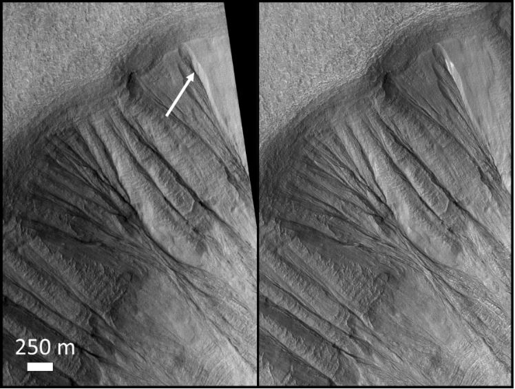 side by side comparison of a low-res image (left) and a high-res image (right) of snow and gullies on Mars
