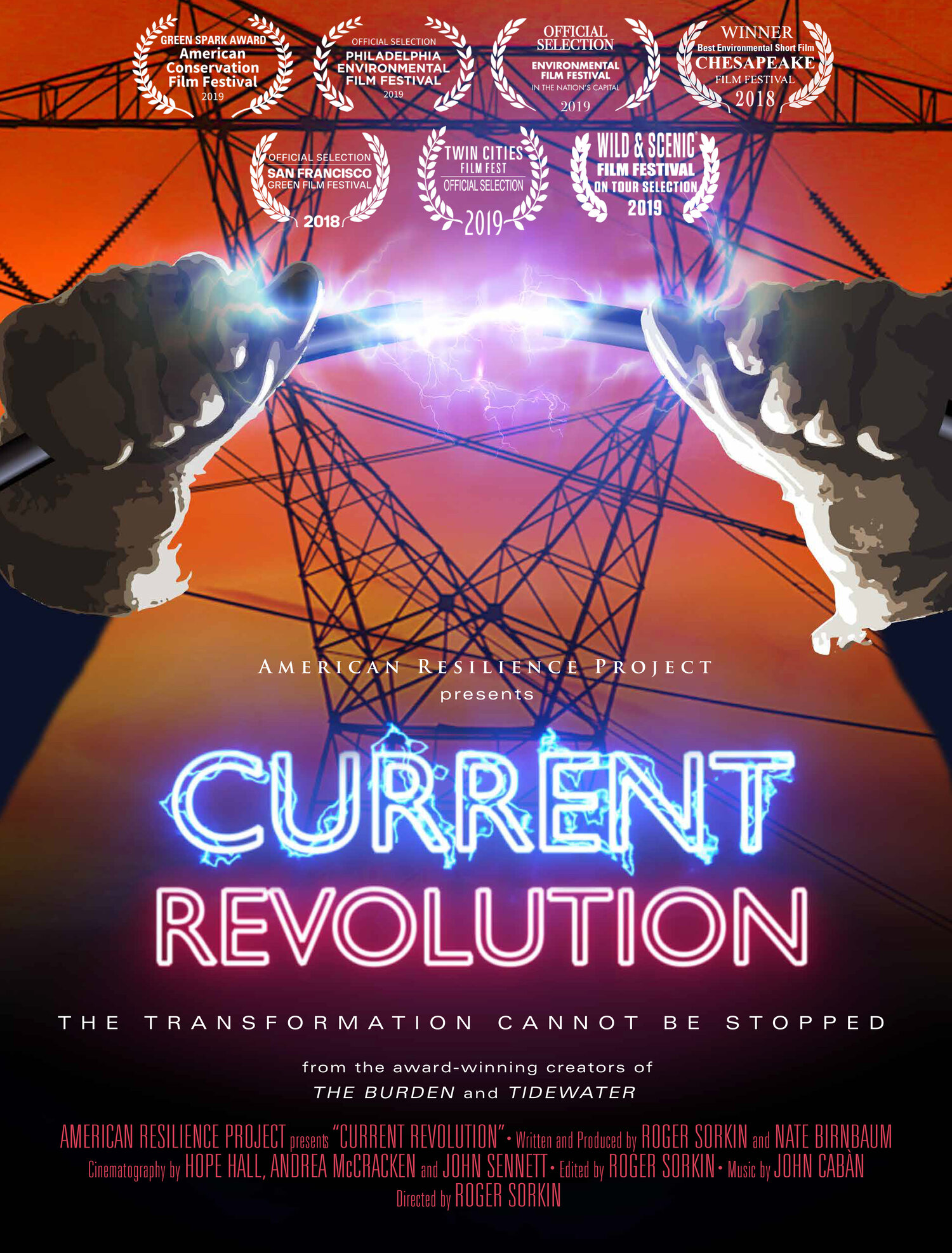 movie poster with hands holding electric wire and power transformer in the background