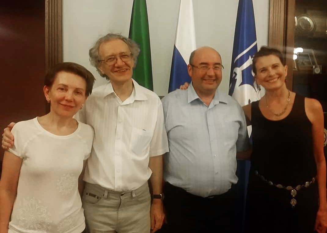 [From left] Kazan Federal University professors Marina Solnyshkina, Valeriy Solovyev and Radif Zamaletdinov pose with Danielle McNamara, a professor in The College’s Department of Psychology who sent over two weeks in Russia conducting literacy tools trai