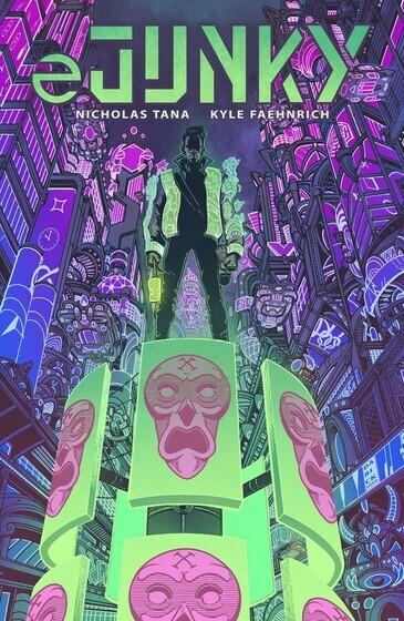 Book cover with illustration of character standing on futuristic screens in a futuristic city