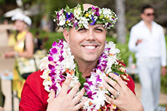 man in Hawaiian attire at wedding