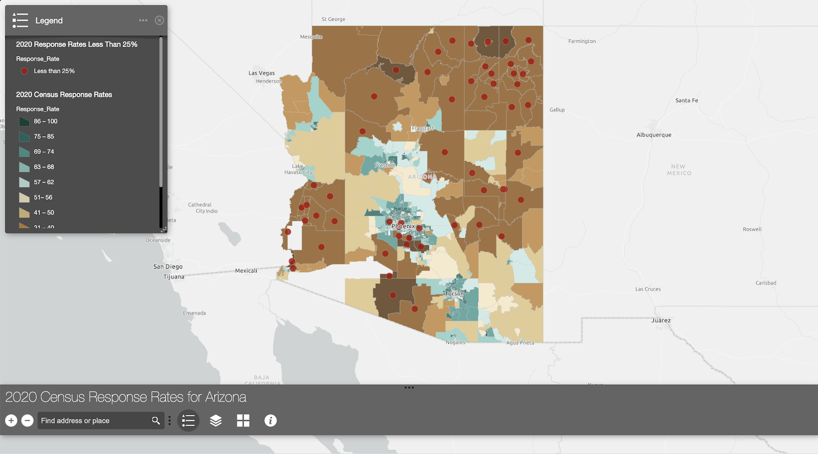 Map of 2020 census response rates for Arizona