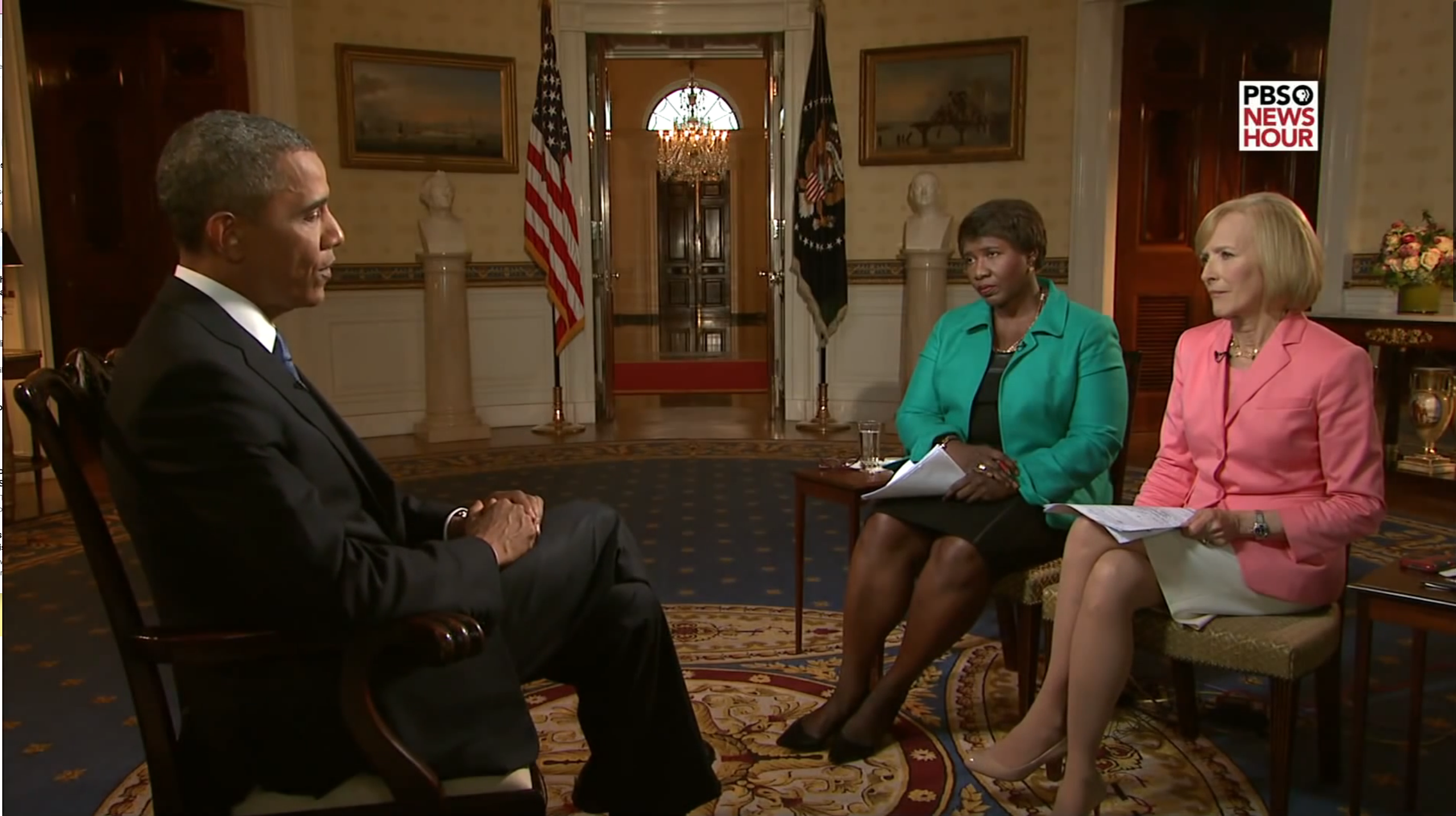 Journalists Gwen Ifill and Judy Woodruff interview President Obama for PBS Newshour