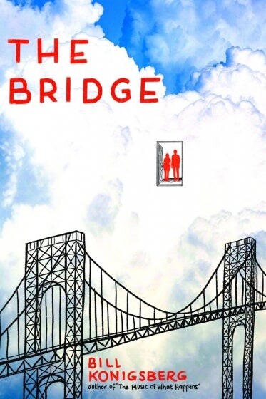 Book cover with illustrations of two people in a doorway in the sky above a bridge