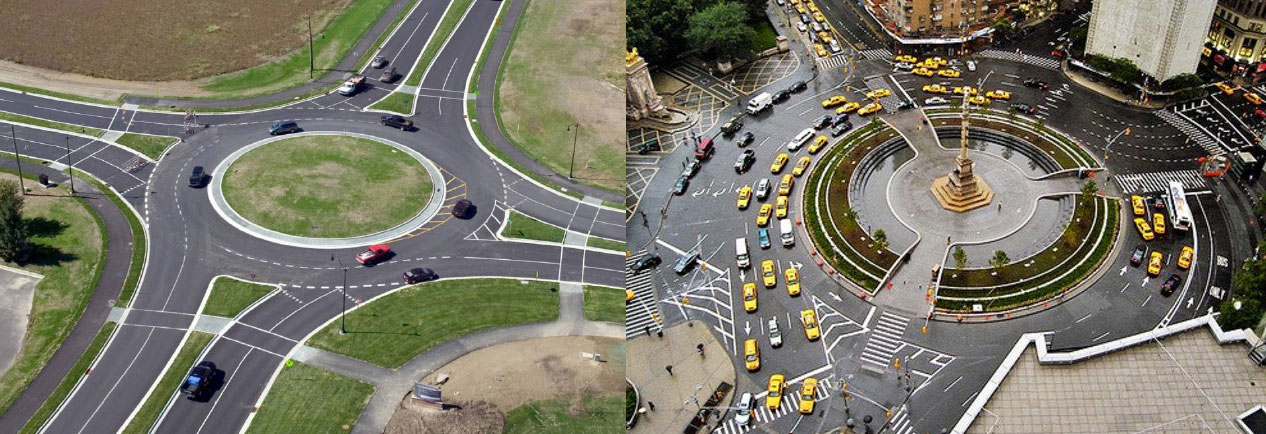 Modern roundabouts (left) are the newest traffic control system on our roadways, and smaller than older rotaries or traffic circles (right).