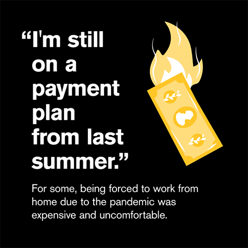 Graphic that says: "I'm still on a payment plan from last summer." For some, being forced to work from home due to the pandemic was expensive and uncomfortable.