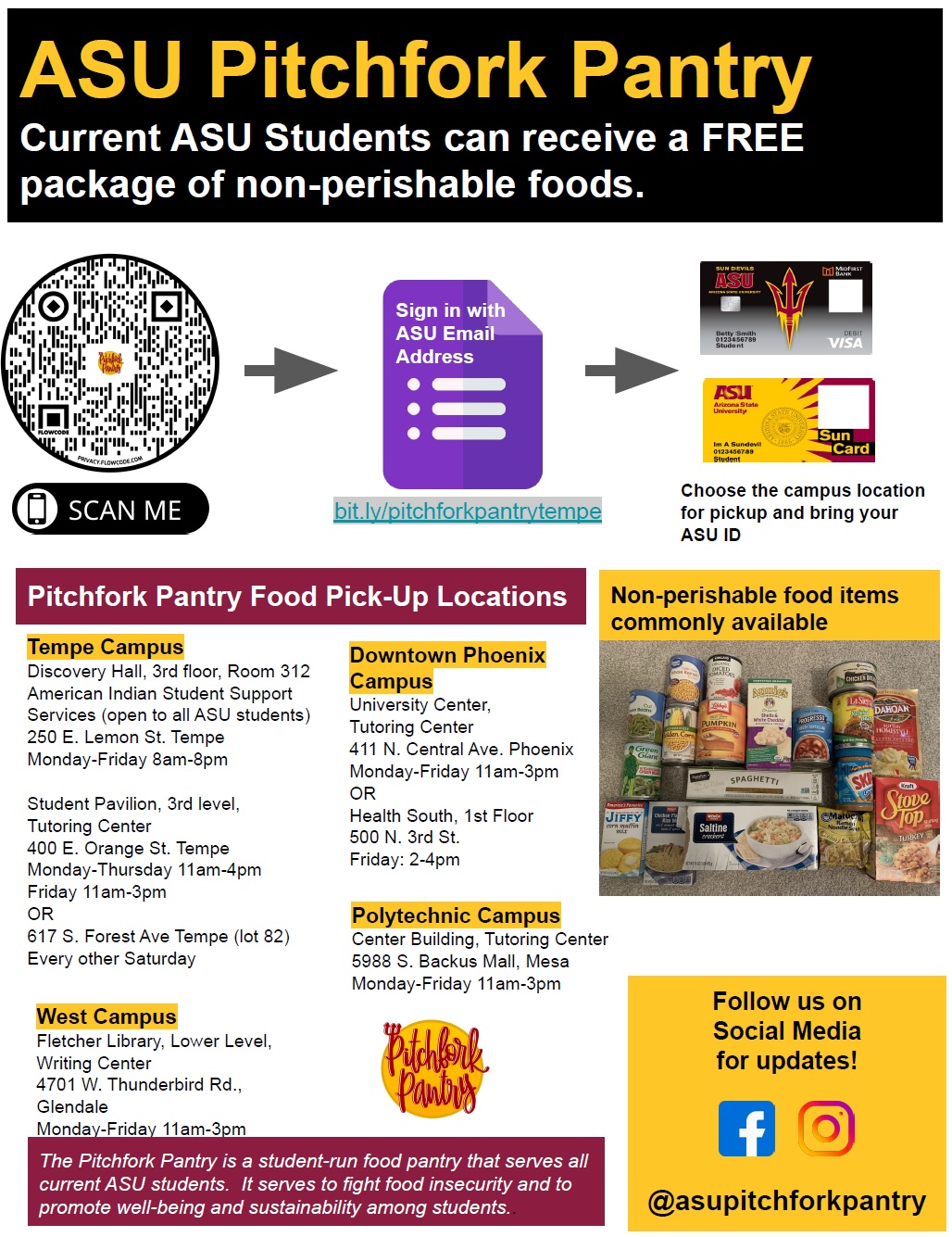 flyer listing locations and times of operation for ASU's Pitchfork Pantries