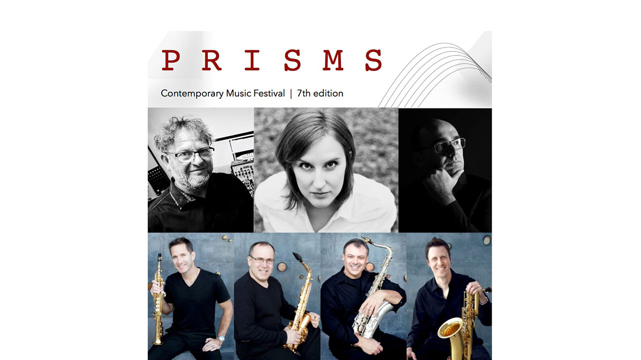 Text says Prisms Contemporary Music Festival 7th edition. Images are of seven musicians, six men and one woman.