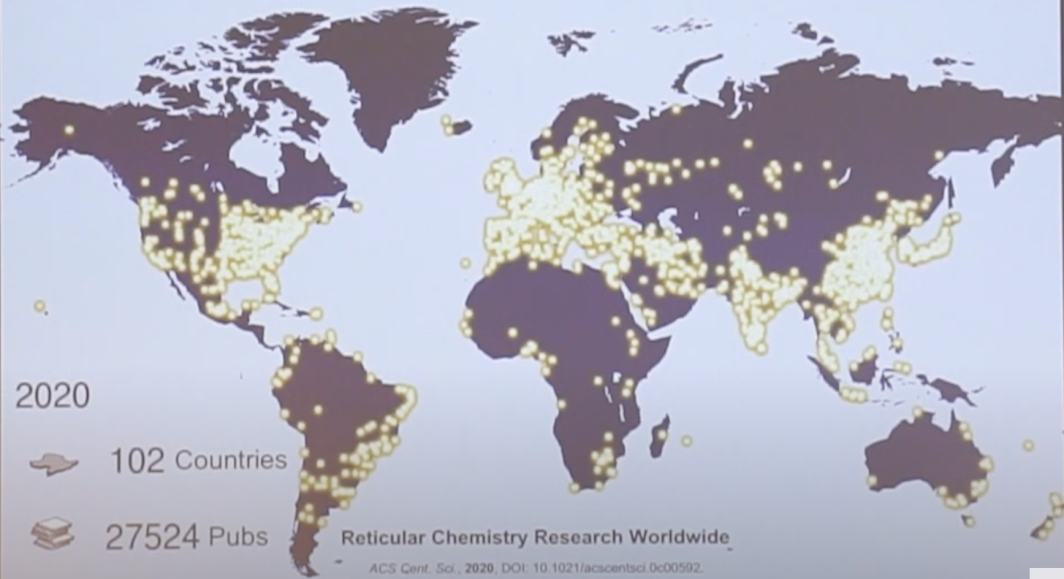 A global flat map showing 102 countries doing reticular chemistry research