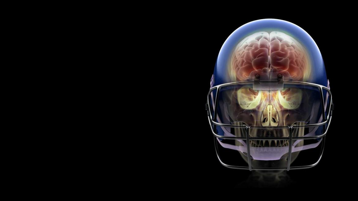 A football helmet with a skull and brain image inside