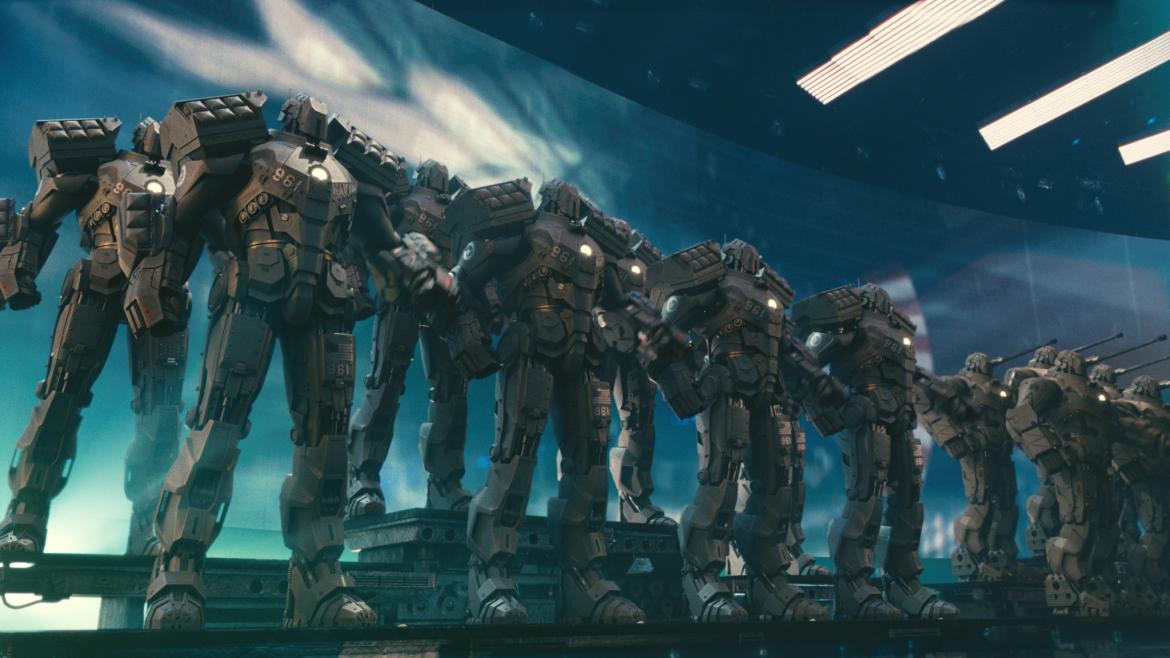 An army of suits of armor from Avengers.