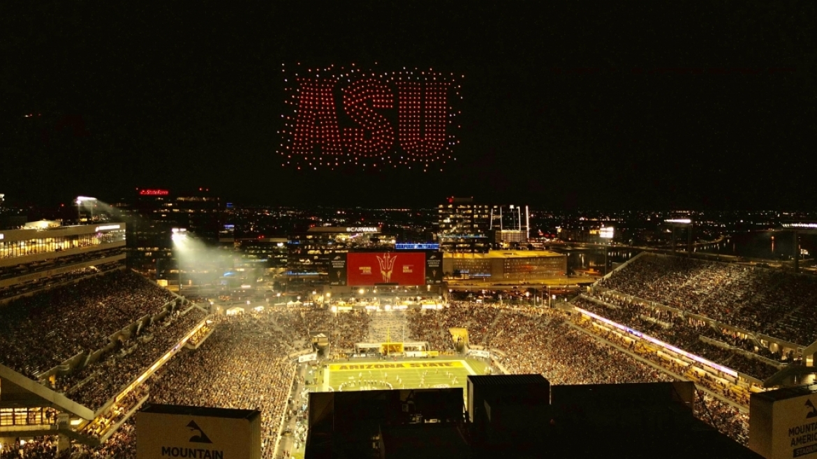 Drones spell out ASU in the sky over the football stadium