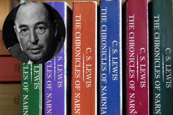 Row of books, all by author C. S. Lewis. A small black-andwhite-portrait of the author is inset in the main photo of the books.