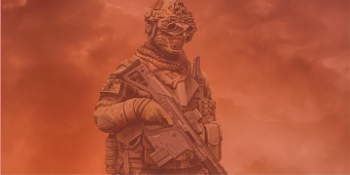 Photo illustration of a soldier in a war zone, surrounded by reddish-orange fog.