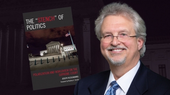 Portrait of ASU Professor Joseph Russomanno next to the cover of his book "The ‘Stench’ of Politics: Polarization and Worldview on the Supreme Court."