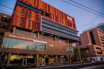 Exterior of the Walter Cronkite School of Journalism and Mass Communication building in downtown Phoenix.