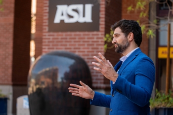 Paulo Shakarian talking with an ASU logo behind him.