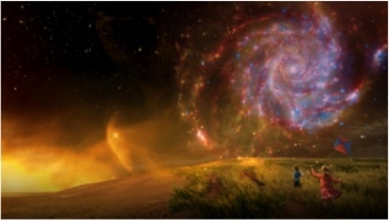Artistic rendering of people frolicking in a field with a swirling galaxy in the sky above them.