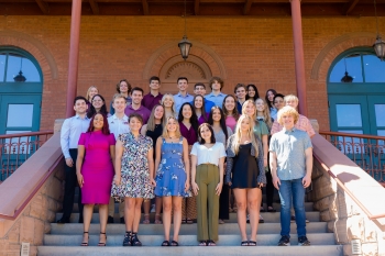 Group photo of ASU Alumni Association Legacy Scholars for the 2022, posing on the steps of Old Main on ASU's Tempe campus.