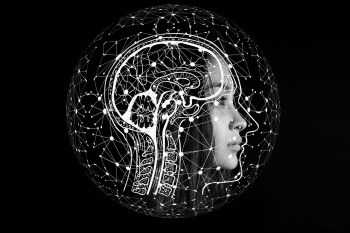 Illustration of a human profile overlaid with the outline of a brain and connected lines and dots.