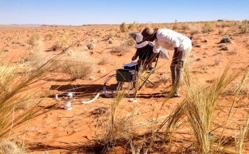 researchers measuring carbon dioxide release from the soil in the Namib Desert in southern Africa