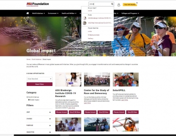 ASU Foundation website screenshot of donor funds available