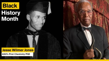 Side-by-side portraits of ASU's first PhD recipient Jesse Jones. The portrait on the left is a young Jones in a cap and gown, while the portrait on the right is a more recent photo of an older Jones holding an award.