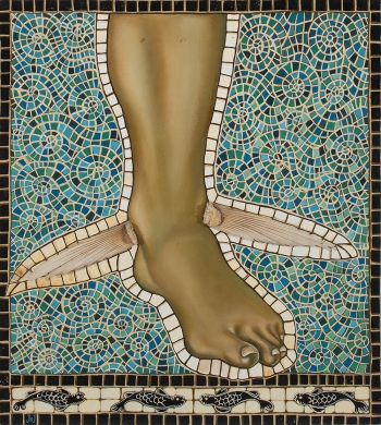 Jacqueline Brito Jorge, Adaptaciones (pies), 1996. Acrylic on canvas with shells and fish fins. 
