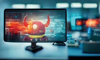 Graphic of a red robot with devil horns on a computer screen, with hazy blue-gray code overlayed on top